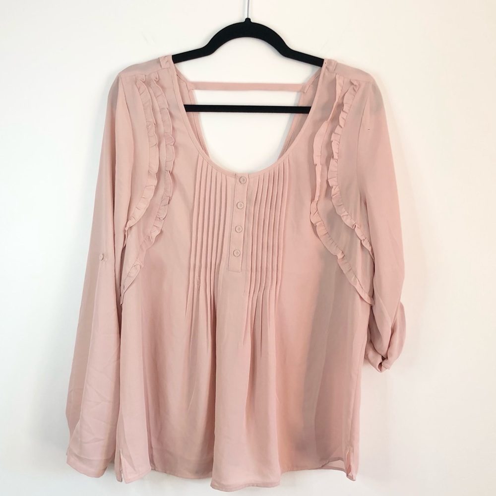 Daniel Rainn Ruffle Tuck Scoop Button 2/3 Sleeve Flowy Peasant Blouse Large